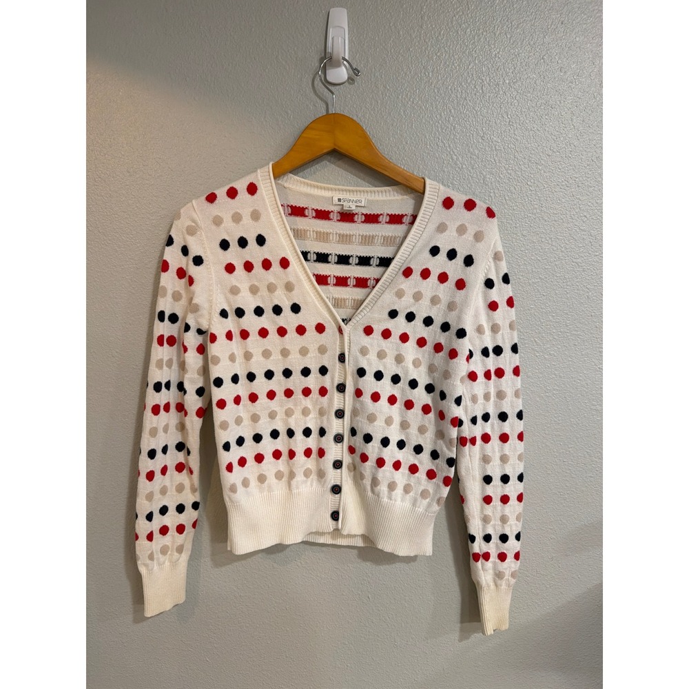 Spanner Polka Dot Cardigan Women Size S White Red‎ Navy Blue VTG Sweater